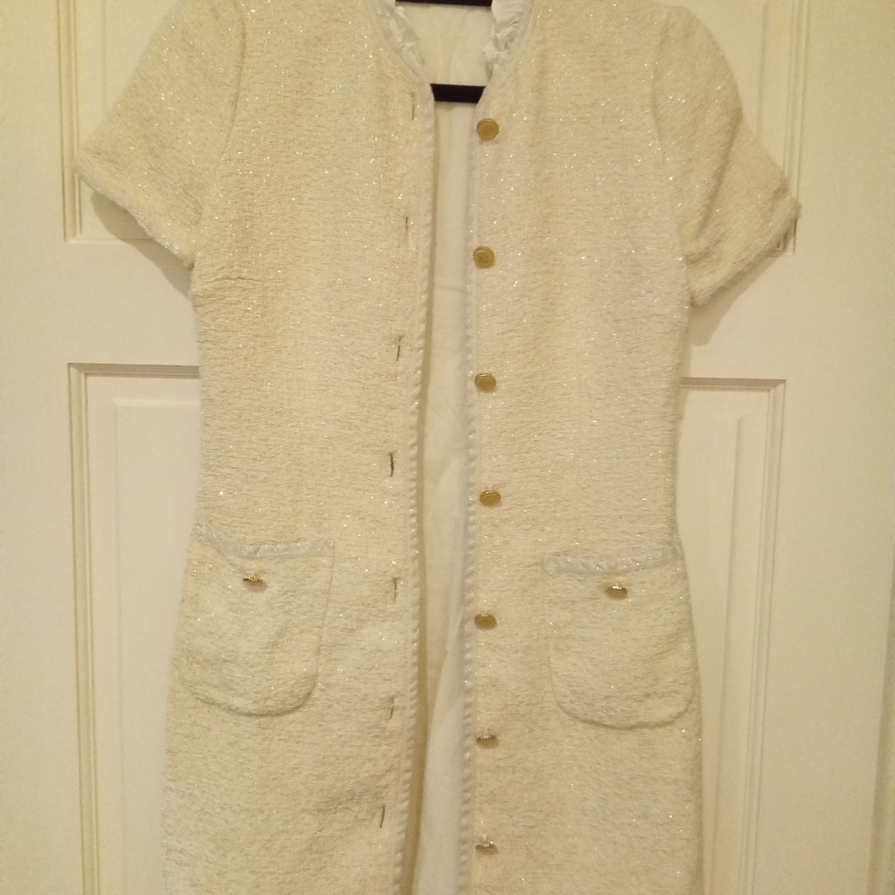SANDRO Metallic Cotton Blend Tweed Short Sleeve Dress In Natural Ecru 36 - Picture 3 of 8